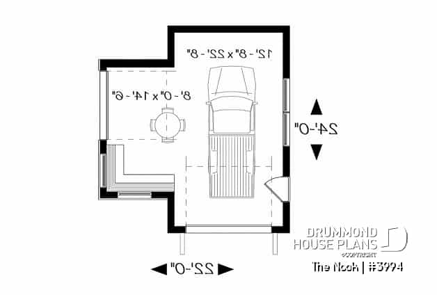 1st level - One-car detached garage with entertaining area, front and side garage doors, man cave garage plan - The Nook