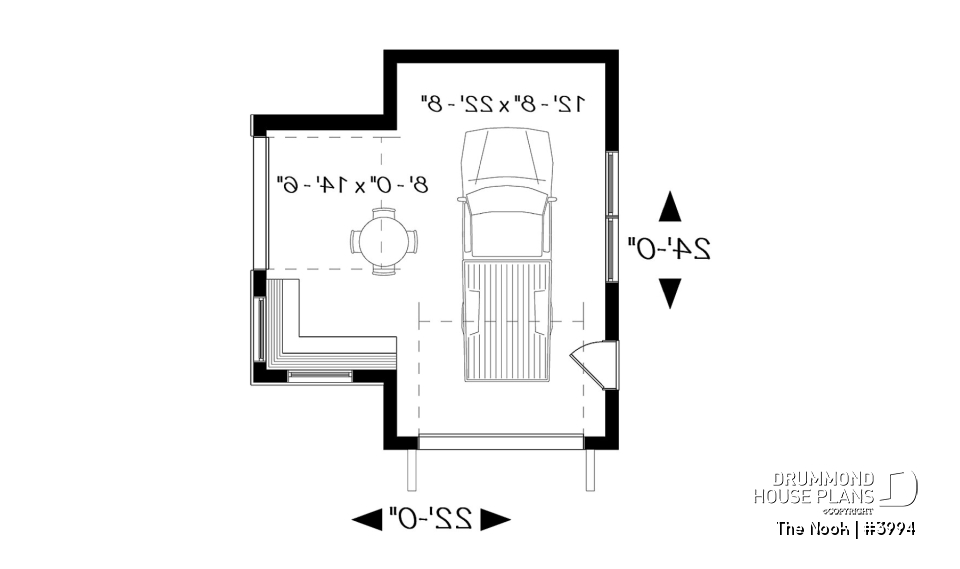 1st level - One-car detached garage with entertaining area, front and side garage doors, man cave garage plan - The Nook