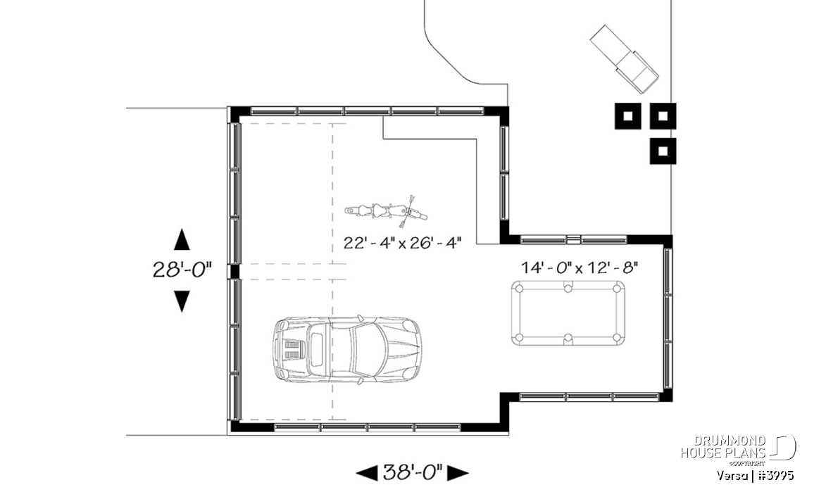 1st level - 2-car garage plan with entertainment area or workshop area, two-car garage plan with storage - Versa