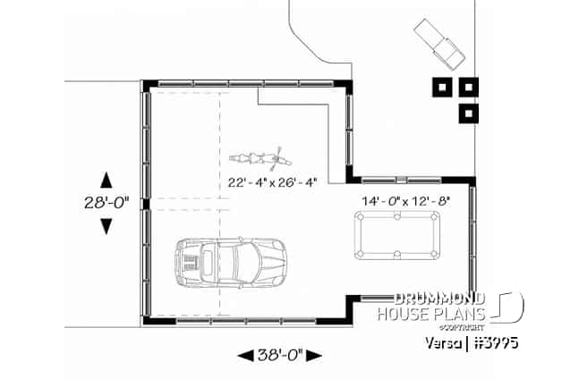 1st level - 2-car garage plan with entertainment area or workshop area, two-car garage plan with storage - Versa