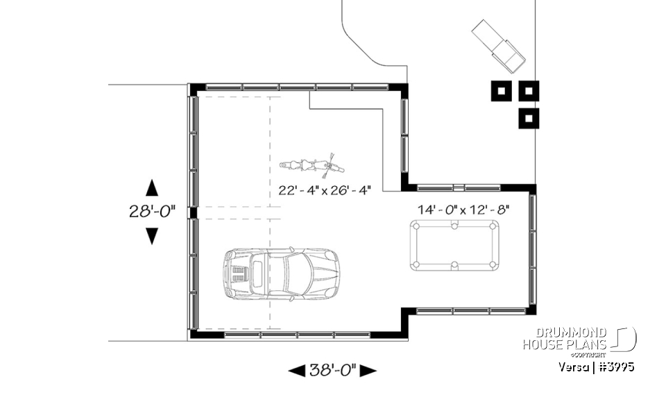 1st level - 2-car garage plan with entertainment area or workshop area, two-car garage plan with storage - Versa