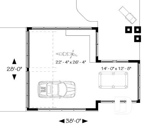 1st level - 2-car garage plan with entertainment area or workshop area, two-car garage plan with storage - Versa
