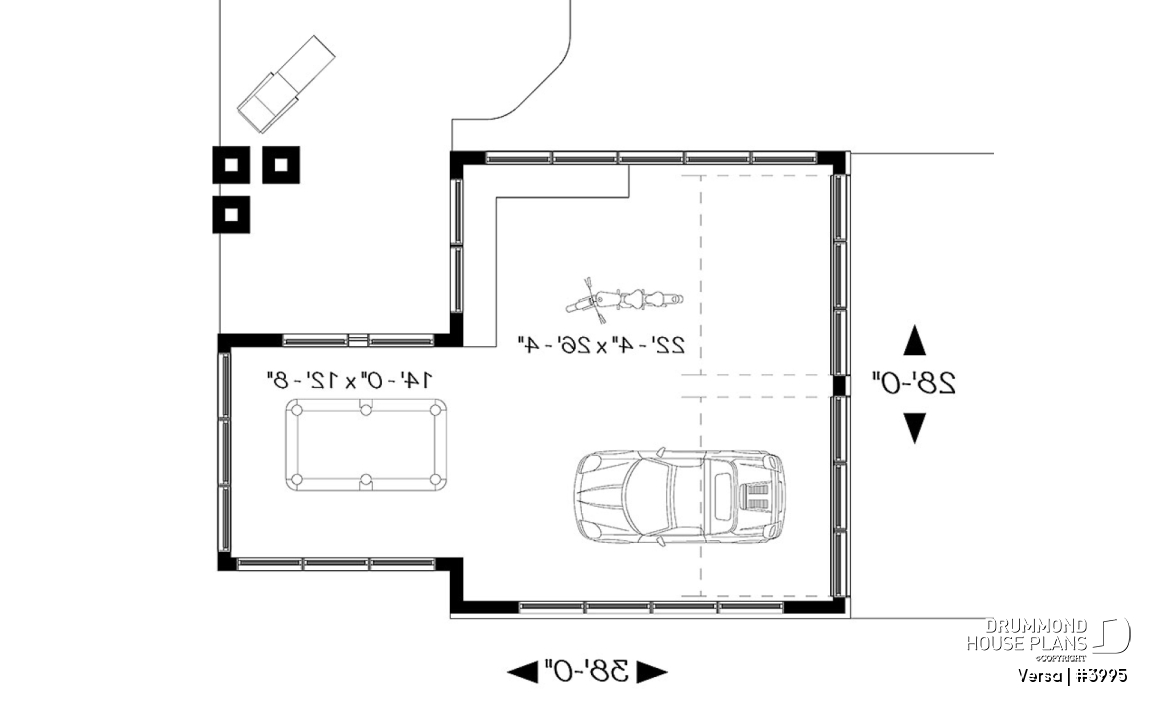 1st level - 2-car garage plan with entertainment area or workshop area, two-car garage plan with storage - Versa