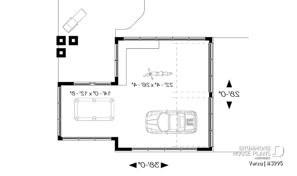 1st level - 2-car garage plan with entertainment area or workshop area, two-car garage plan with storage - Versa