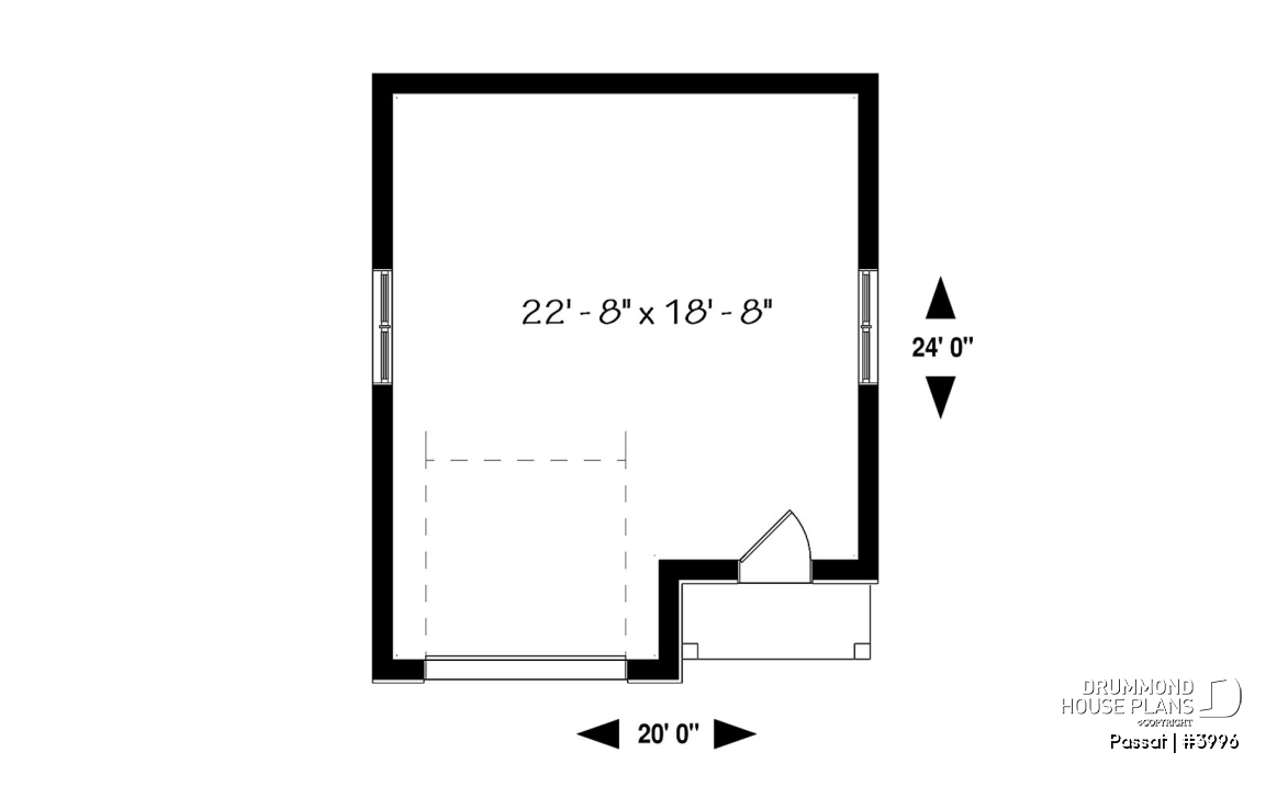1st level - Single-car garage plan, 20' x 24', 10-ft ceiling, country and farmhouse style, insulated walls, natural light - Passat