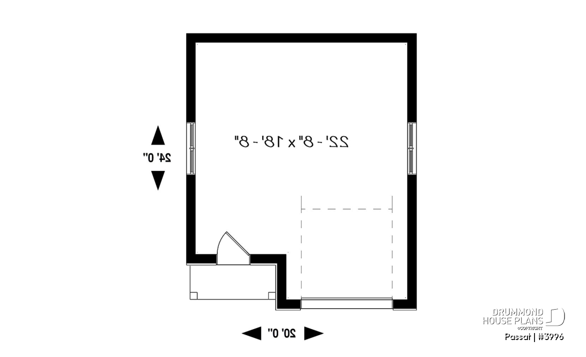 1st level - Single-car garage plan, 20' x 24', 10-ft ceiling, country and farmhouse style, insulated walls, natural light - Passat