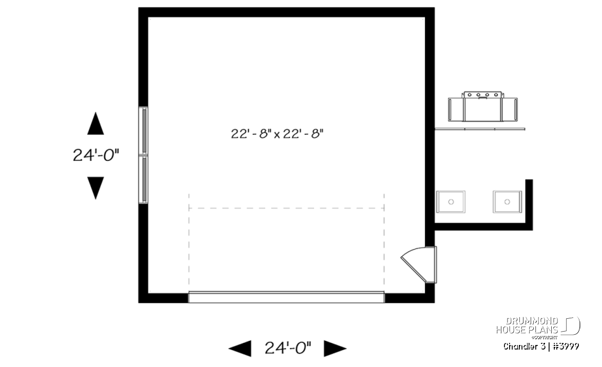 1st level - Two-car garage plan with covered side deck, modern style 2-car garage plan - Chandler 3