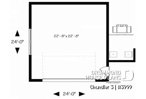 1st level - Two-car garage plan with covered side deck, modern style 2-car garage plan - Chandler 3