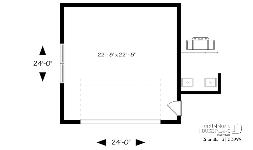 1st level - Two-car garage plan with covered side deck, modern style 2-car garage plan - Chandler 3