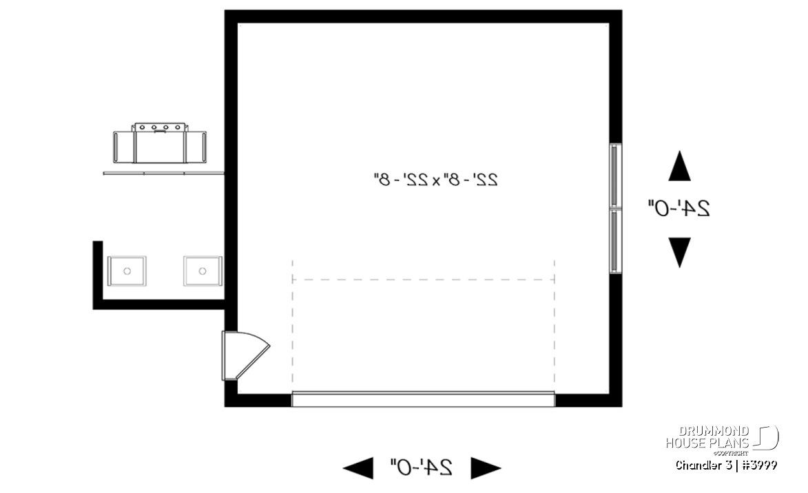 1st level - Two-car garage plan with covered side deck, modern style 2-car garage plan - Chandler 3