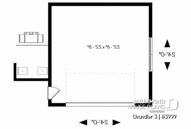 1st level - Two-car garage plan with covered side deck, modern style 2-car garage plan - Chandler 3