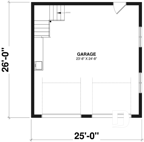 1st level - Two-car garage plan, country style, storage area on second floor - Mustang