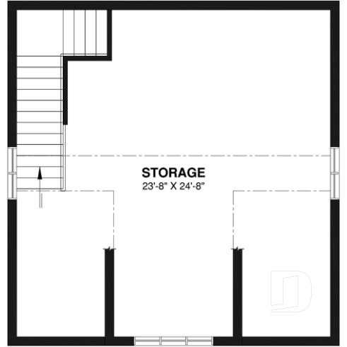 2nd level - Two-car garage plan, country style, storage area on second floor - Mustang
