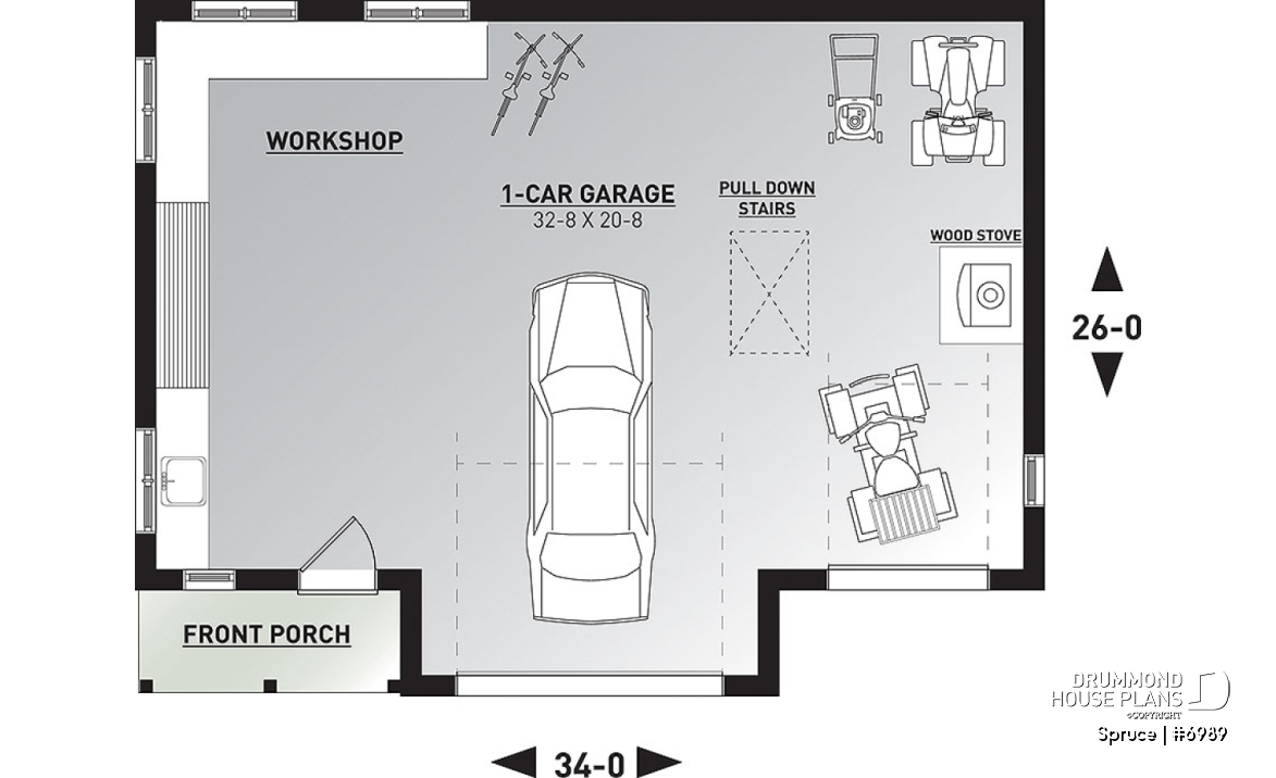 1st level - Beautiful garage plan with workshop and wood stove. Storage area on second floor. - Spruce