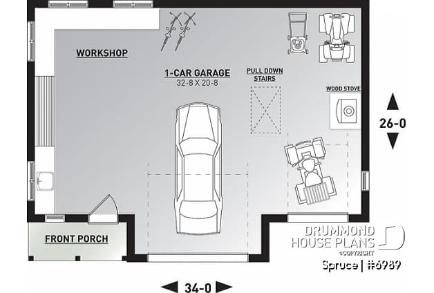 1st level - Beautiful garage plan with workshop and wood stove. Storage area on second floor. - Spruce