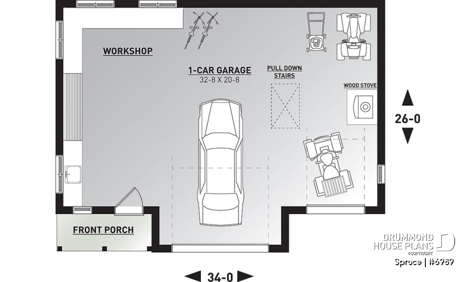 1st level - Beautiful garage plan with workshop and wood stove. Storage area on second floor. - Spruce