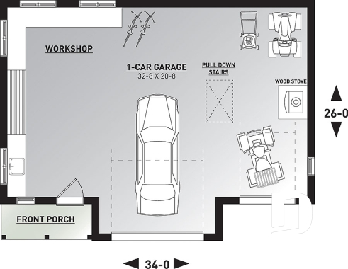 1st level - Beautiful garage plan with workshop and wood stove. Storage area on second floor. - Spruce