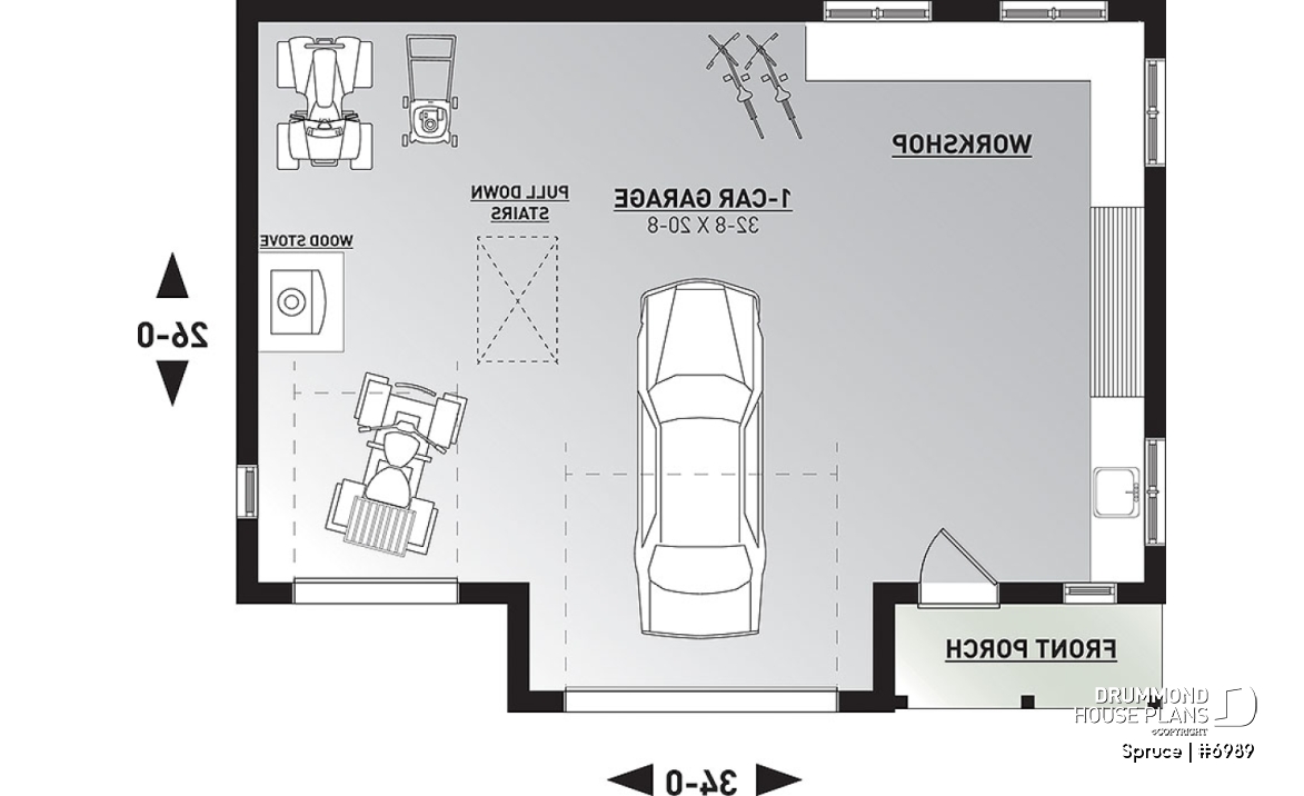 1st level - Beautiful garage plan with workshop and wood stove. Storage area on second floor. - Spruce