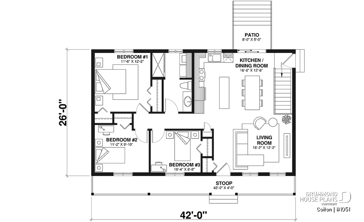 1st level - Economical 3 bedroom ranch style house plan, ideal for young families and first-home owners - Colton