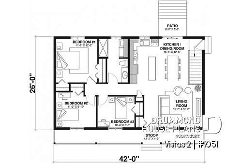 1st level - Economical 3 bedroom ranch style house plan with large family room, and laundry closet on main floor - Vistas 2