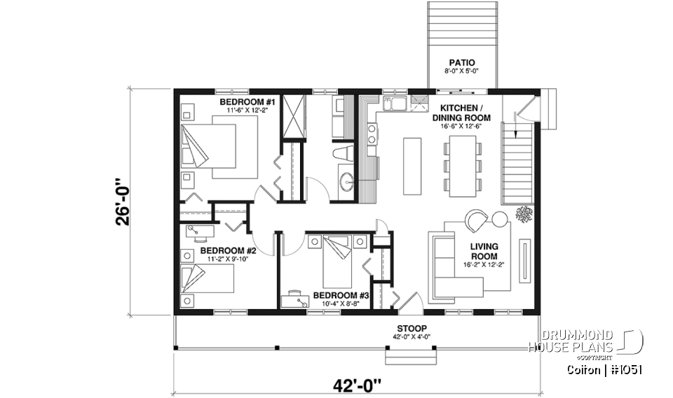 1st level - Economical 3 bedroom ranch style house plan, ideal for young families and first-home owners - Colton