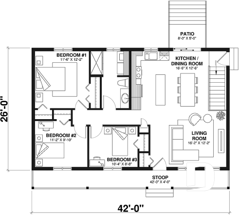 1st level - Economical 3 bedroom ranch style house plan, ideal for young families and first-home owners - Colton