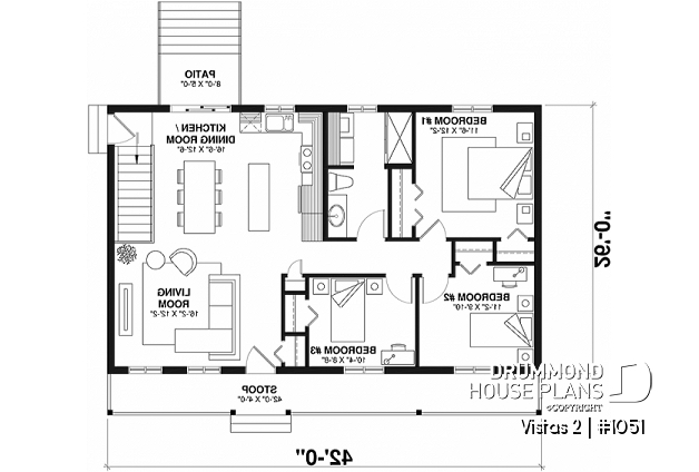 1st level - Economical 3 bedroom ranch style house plan with large family room, and laundry closet on main floor - Colton