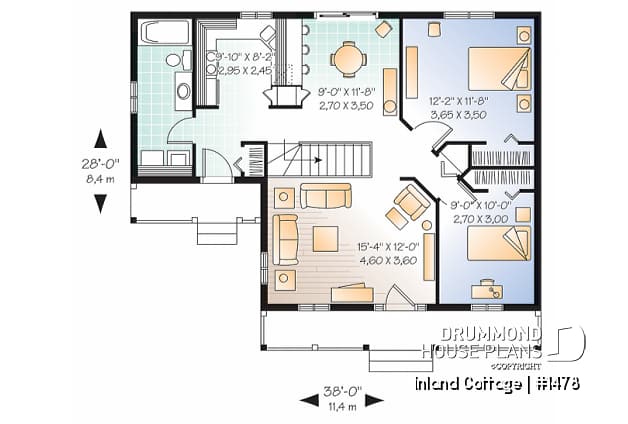 1st level - Classic and affordable ranch style house plan, 2 bedrooms, covered balcony, charming home - Inland Cottage
