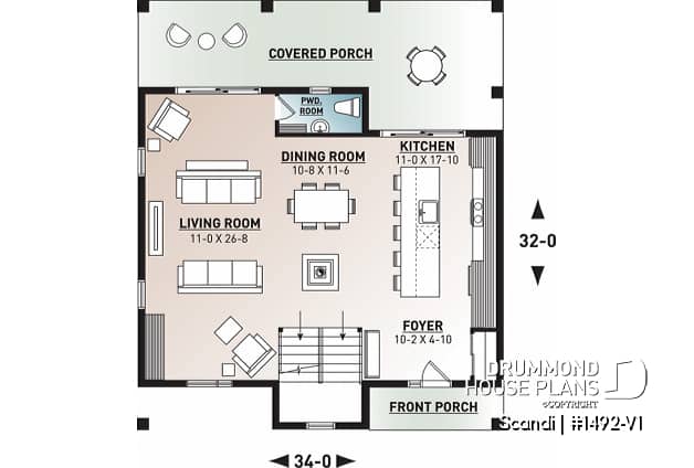 1st level - Modern style cottage house plan, 3 bedrooms including one ensuite, 2.5 bathrooms. open concept main floor plan - Scandi