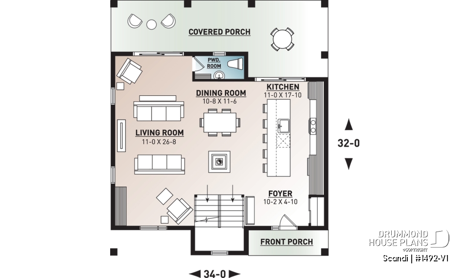 1st level - Modern style cottage house plan, 3 bedrooms including one ensuite, 2.5 bathrooms. open concept main floor plan - Scandi