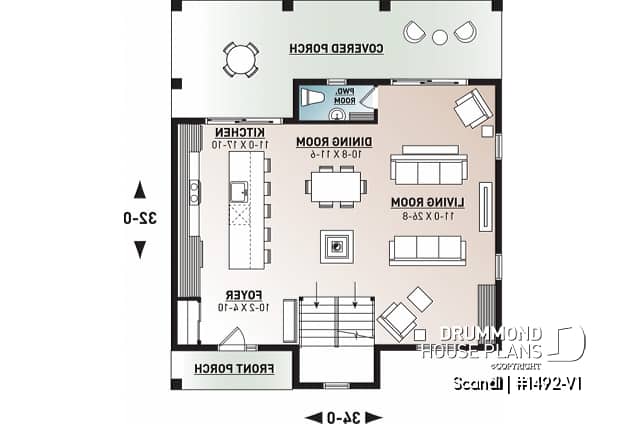 1st level - Modern style cottage house plan, 3 bedrooms including one ensuite, 2.5 bathrooms. open concept main floor plan - Scandi