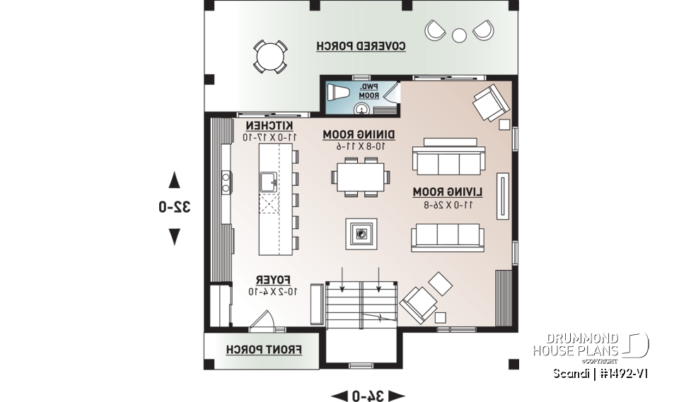 1st level - Modern style cottage house plan, 3 bedrooms including one ensuite, 2.5 bathrooms. open concept main floor plan - Scandi