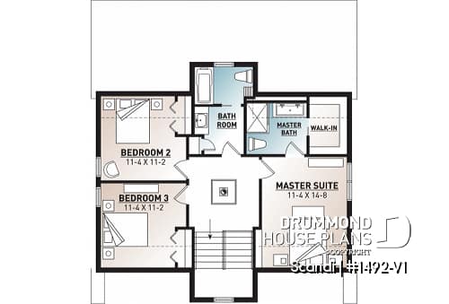 2nd level - Modern style cottage house plan, 3 bedrooms including one ensuite, 2.5 bathrooms. open concept main floor plan - Scandi