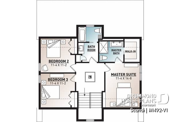 2nd level - Modern style cottage house plan, 3 bedrooms including one ensuite, 2.5 bathrooms. open concept main floor plan - Scandi