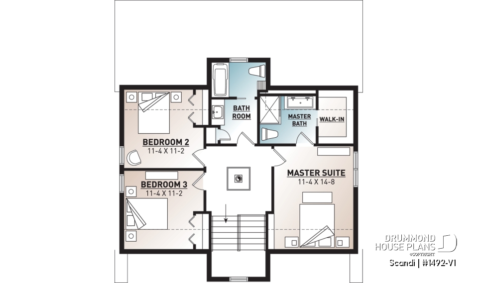 2nd level - Modern style cottage house plan, 3 bedrooms including one ensuite, 2.5 bathrooms. open concept main floor plan - Scandi
