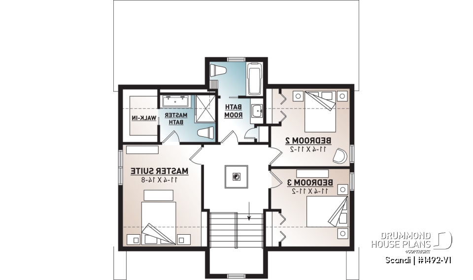 2nd level - Modern style cottage house plan, 3 bedrooms including one ensuite, 2.5 bathrooms. open concept main floor plan - Scandi