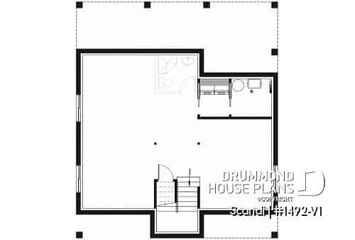 Basement - Modern style cottage house plan, 3 bedrooms including one ensuite, 2.5 bathrooms. open concept main floor plan - Scandi