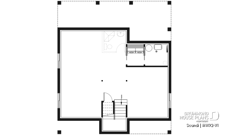 Basement - Modern style cottage house plan, 3 bedrooms including one ensuite, 2.5 bathrooms. open concept main floor plan - Scandi