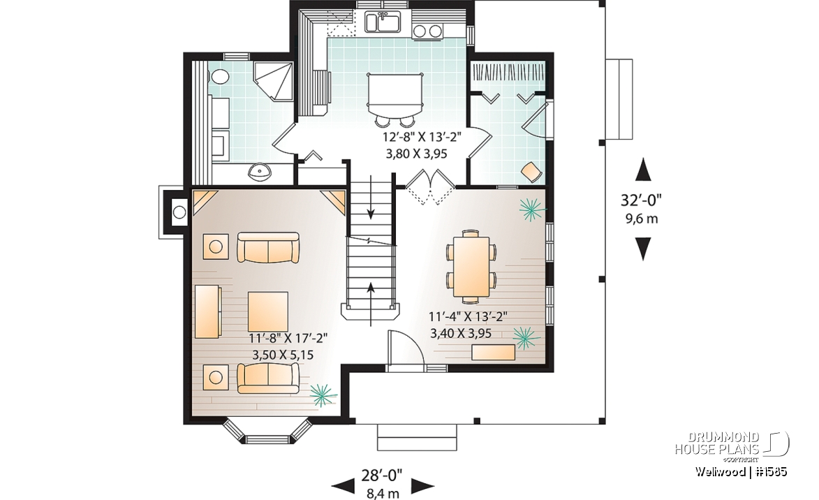 1st level - Country home with 3 bedrooms, formal dining, affordable house plan with great wraparound covered porch - Wellwood