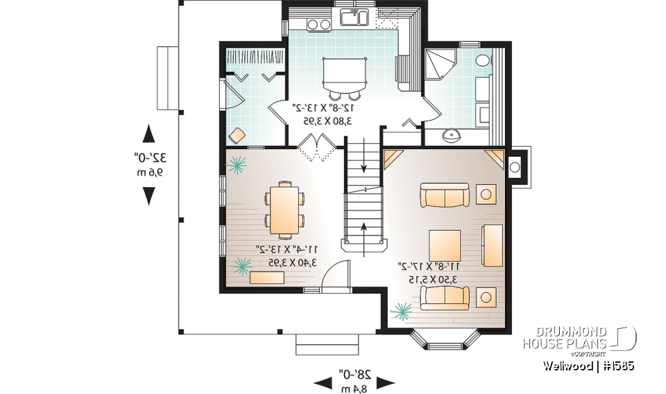1st level - Country home with 3 bedrooms, formal dining, affordable house plan with great wraparound covered porch - Wellwood