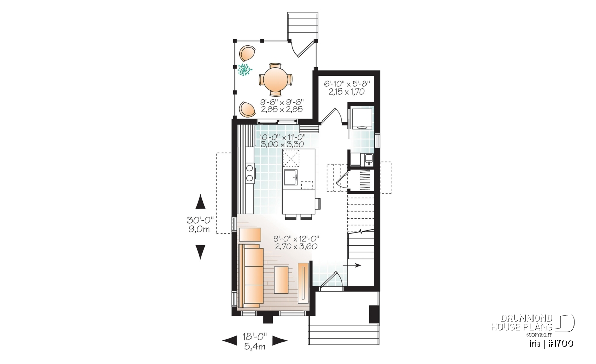 1st level - Comfortable &amp; small 976 sq.ft. tiny house plan, 3 bedrooms, open floor plan, screened porch on rear balcony - Iris