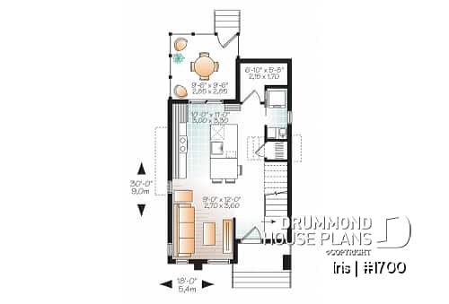 1st level - Comfortable & small 976 sq.ft. tiny house plan, 3 bedrooms, open floor plan, screened porch on rear balcony - Iris