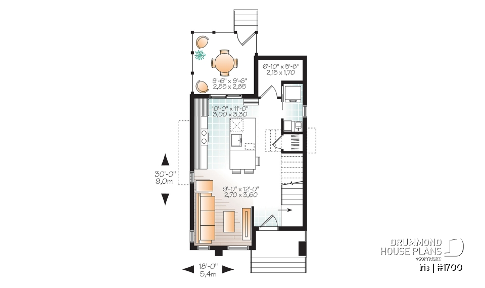 1st level - Comfortable &amp; small 976 sq.ft. tiny house plan, 3 bedrooms, open floor plan, screened porch on rear balcony - Iris