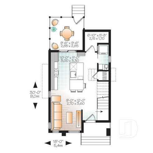 1st level - Comfortable & small 976 sq.ft. tiny house plan, 3 bedrooms, open floor plan, screened porch on rear balcony - Iris