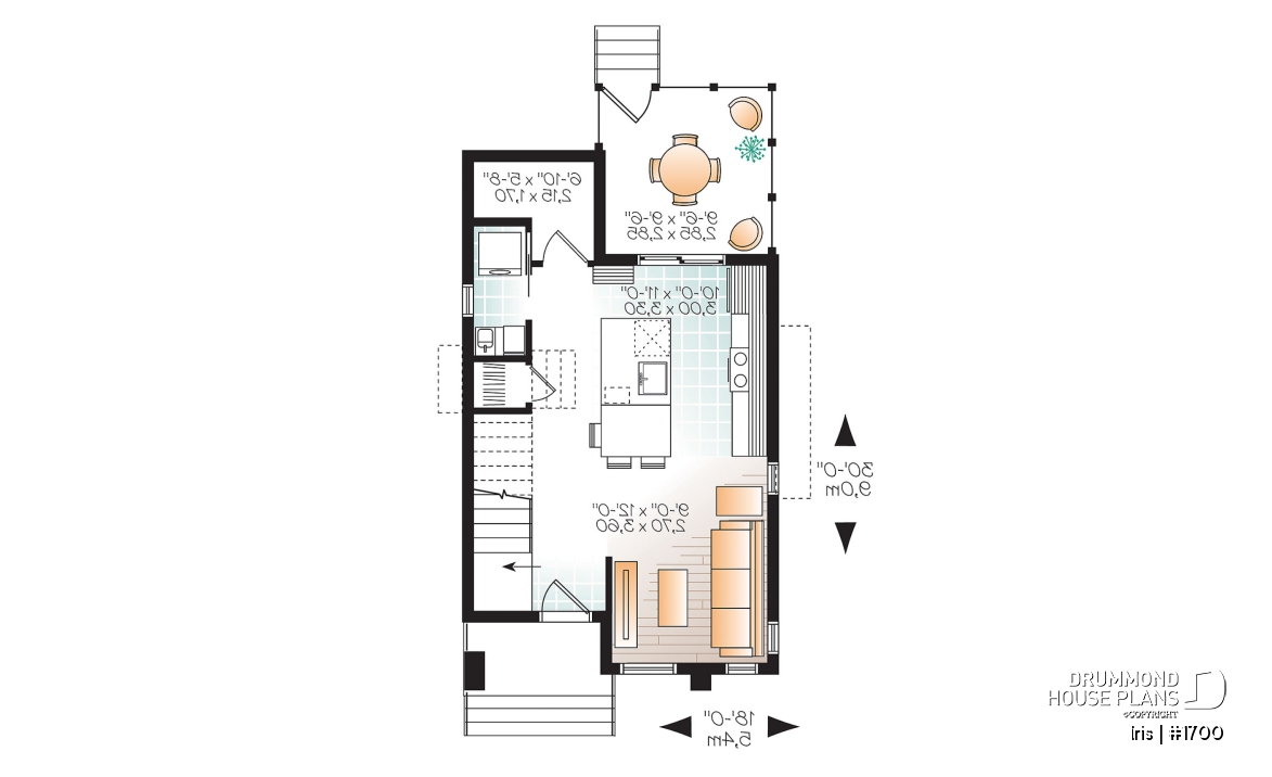 1st level - Comfortable &amp; small 976 sq.ft. tiny house plan, 3 bedrooms, open floor plan, screened porch on rear balcony - Iris