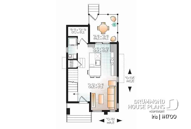 1st level - Comfortable & small 976 sq.ft. tiny house plan, 3 bedrooms, open floor plan, screened porch on rear balcony - Iris
