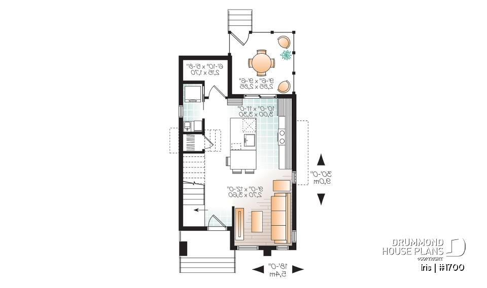 1st level - Comfortable &amp; small 976 sq.ft. tiny house plan, 3 bedrooms, open floor plan, screened porch on rear balcony - Iris