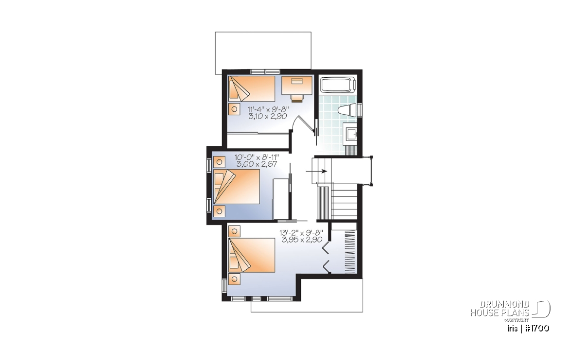 2nd level - Comfortable &amp; small 976 sq.ft. tiny house plan, 3 bedrooms, open floor plan, screened porch on rear balcony - Iris