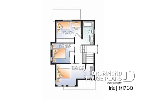 2nd level - Comfortable & small 976 sq.ft. tiny house plan, 3 bedrooms, open floor plan, screened porch on rear balcony - Iris
