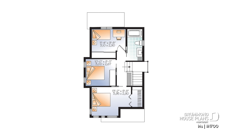 2nd level - Comfortable &amp; small 976 sq.ft. tiny house plan, 3 bedrooms, open floor plan, screened porch on rear balcony - Iris